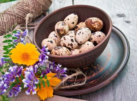 Brown spotted quail eggs in ceramic bowl Stockfoto's