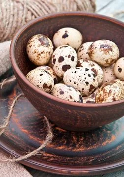 Brown spotted quail eggs in ceramic bowl Stockfoto's