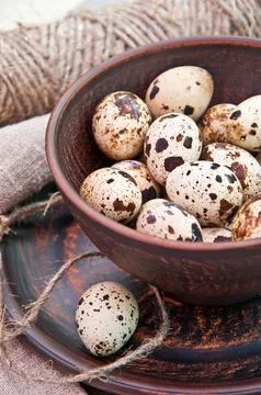Brown spotted quail eggs in ceramic bowl Stockfoto's