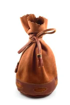 Brown suede pouch on white background Foto stock