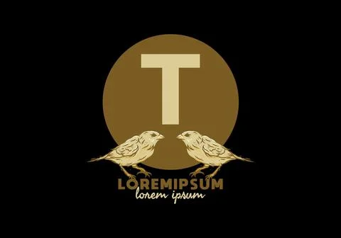 Brown T initial letter with twin bird Stock Illustration