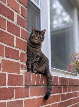 Brown Tabby Cat Perched on Red Brick Window Sill Outdoors 스톡 사진
