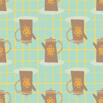 Brown teapots silhouettes seamless pattern. Hand drawn dish elements on tuquo Stock Illustration