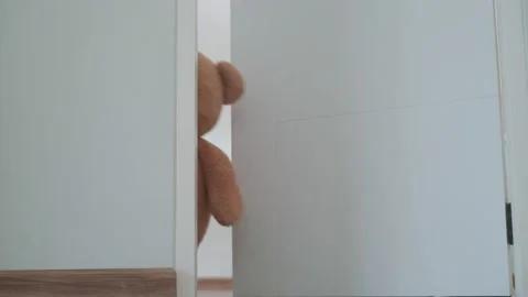 A brown teddy bear hidden inside the room near the door.A brown teddy bear po Video stock 146460527