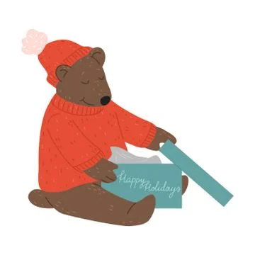 Brown teddy bear sitting and unpacking box with gift for Christmas Stock Illustration