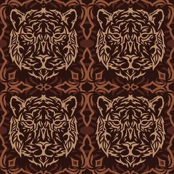 Brown tribal vector tile pattern with tiger head Stock Illustration