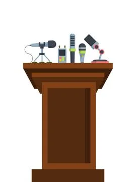 Brown tribune with microphones flat vector illustration Stockillustratie