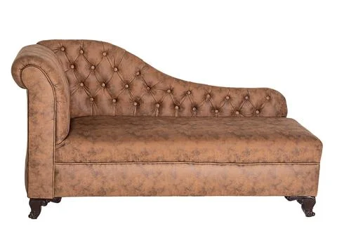 Brown upholstered sofa with single-sided armrest and wave-shaped back with st Stock Photos