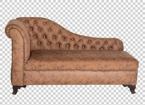 Brown upholstered sofa with single-sided armrest and wave-shaped back with .. Stock Photos
