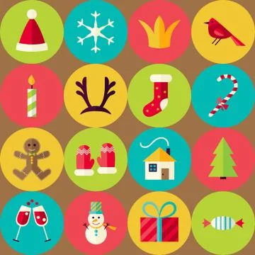 Brown Vector Flat Merry Christmas Seamless Pattern Set with Circles Stock Illustration
