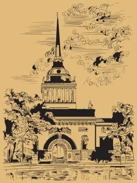 Brown vector hand drawing ST Petersburg, part  2 Stock Illustration