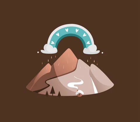 Brown vector mountain landscape with mountains and turquoise rainbow. Stock Illustration