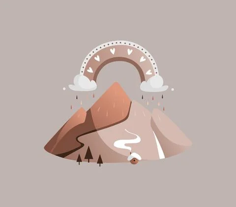 Brown vector mountain landscape with mountains and brown rainbow. Stock Illustration