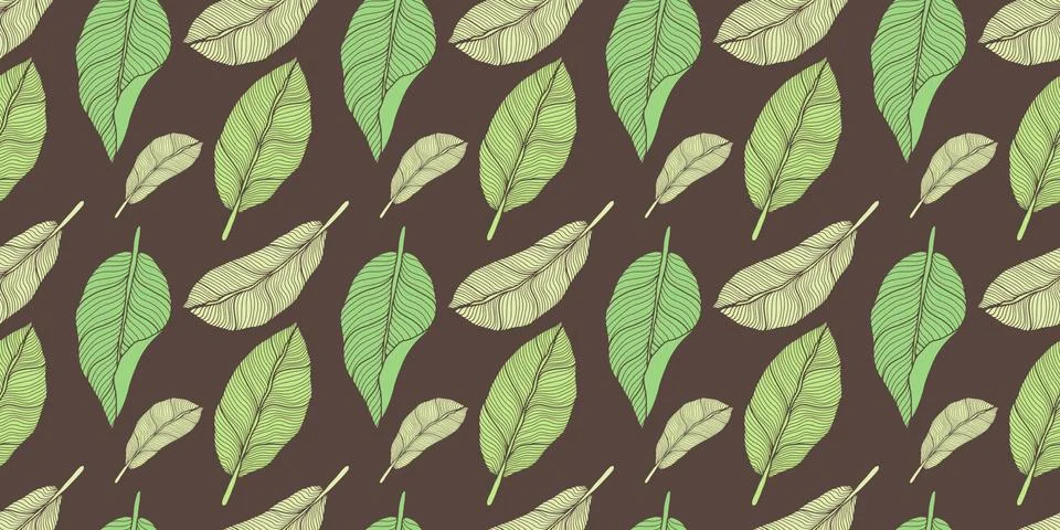 Brown vector seamless pattern with green leaves Stock Illustration