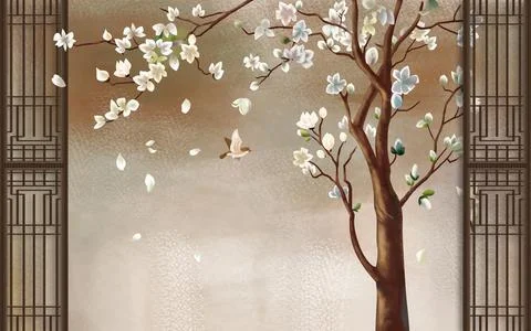 Brown vertical frames, tall tree with magnolia flowers Stock Illustration