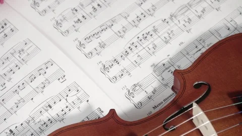 Brown violin with musical notes on a white background (spinning and panning Stock Footage 73893087