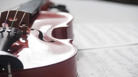 Brown violin with musical notes on a white background (spinning and panning Stock Footage 73893397