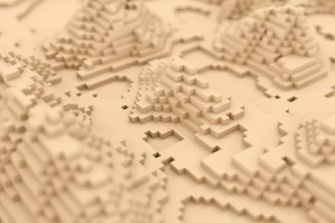 Brown voxel cube representation of computer generated landscape background Illustrazione stock