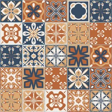 Brown walnut ceramic tiles for design, square vintage spanish patchwork style Illustrazione stock