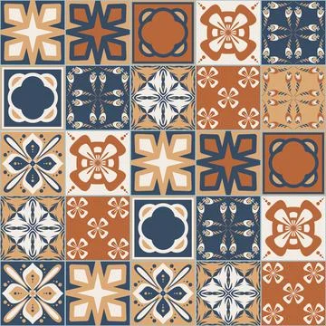 Brown walnut ceramic tiles for design, square vintage spanish patchwork style 库存插图