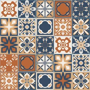 Brown walnut ceramic tiles for design, square vintage spanish patchwork Stock-Illustration