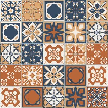 Brown walnut ceramic tiles for design, spanish patchwork style, vector illust イラスト素材