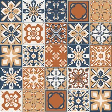 Brown walnut ceramic tiles for design, square vintage spanish patchwork style Illustrazione stock