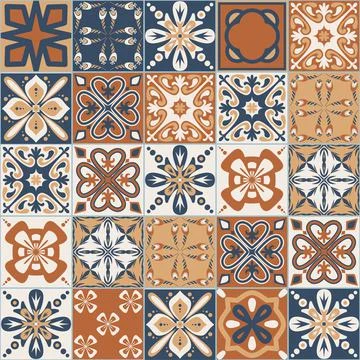 Brown walnut ceramic tiles for design, square vintage spanish patchwork style Illustrazione stock