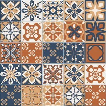 Brown walnut ceramic tiles for design, square vintage spanish patchwork style Illustrazione stock