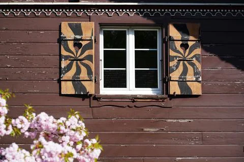 Brown window with blossoming tree in front Stock Photos