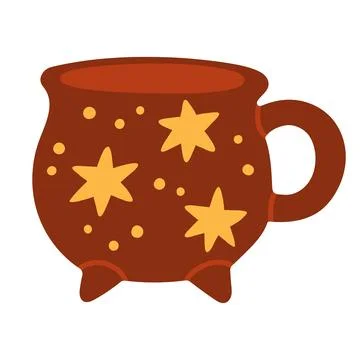 Brown witch cauldron ceramic mug with yellow stars vector isolated on white Stock Illustration