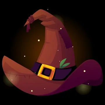 Brown witch hat with buckle, patch, green leaves, on black background with Stock Illustration