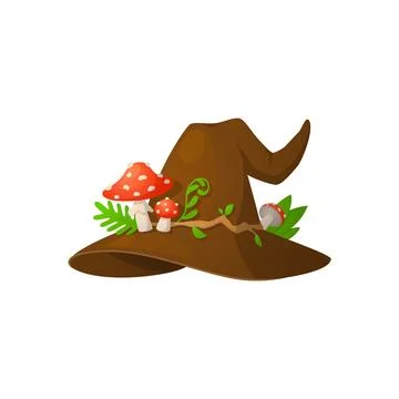 Brown witch hat with fly agarics and leaves flat style, vector illustration Stock Illustration