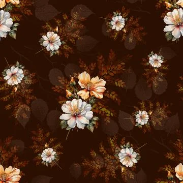 Brown,Background,With,Leaf,Texture,Work,And,Multi,Flowers,Seamless Stock Illustration