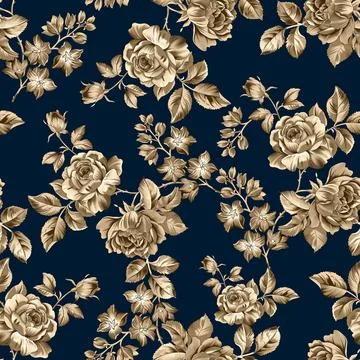Brown,Floral,Seamless,Pattern,With,Abstract,Navy,Blue,Background. Ilustração Stock