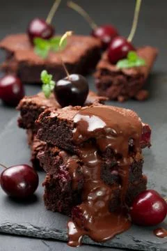 Brownie with cherries Stock Photos