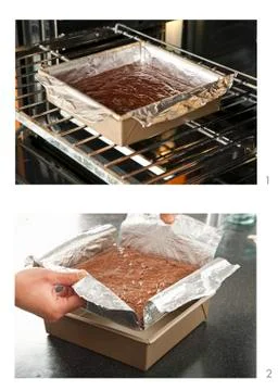 Brownies Baking in a Foil Lined Pan in Oven; Removing Brownies from Pan by Stock Photos