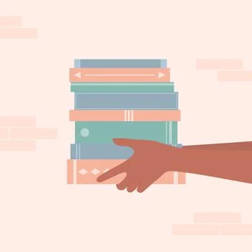 Brownskinned hands holding a stack of colorful books. Vector illustration Stock Illustration
