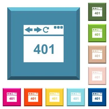 Browser 401 Unauthorized white icons on edged square buttons Stock Illustration