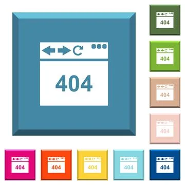 Browser 404 page not found white icons on edged square buttons Ilustración de archivo