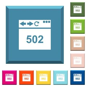 Browser 502 Bad gateway white icons on edged square buttons Ilustración de archivo