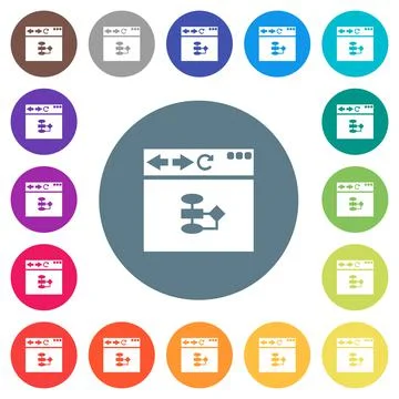 Browser flow chart flat white icons on round color backgrounds Illustrazione stock
