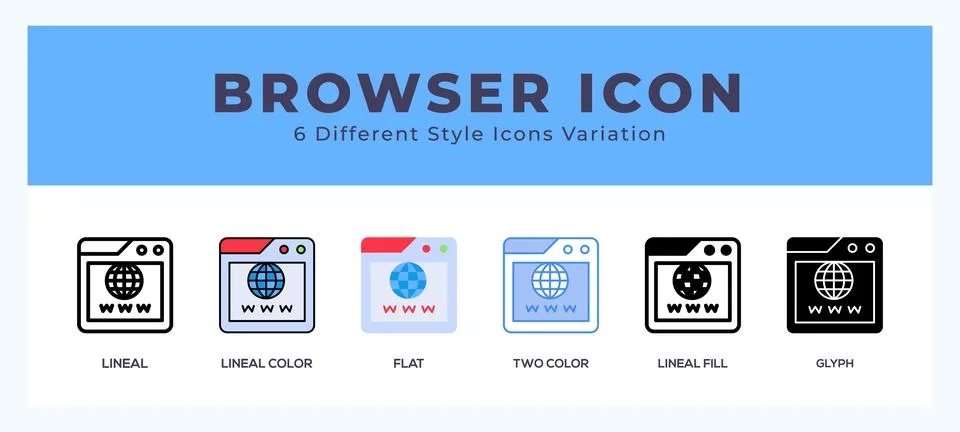 Browser icon set with different styles. Design elements for logo. Vector il.. Illustrazione stock