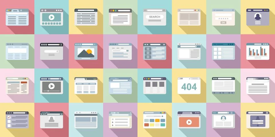 Browser icons set flat . Computer window Stock Illustration