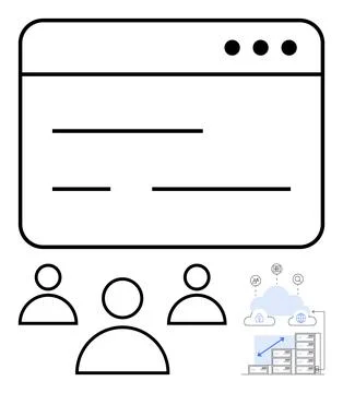 Browser interface, three user icons, cloud computing, and data servers. Ideal Illustrazione stock