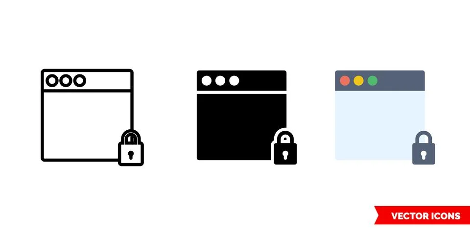 Browser lock, password icon of 3 types. Isolated vector sign symbol. Stock Illustration