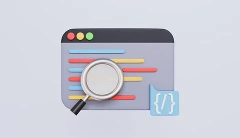 Browser with programming source code and magnifying glass, coding icon 库存插图