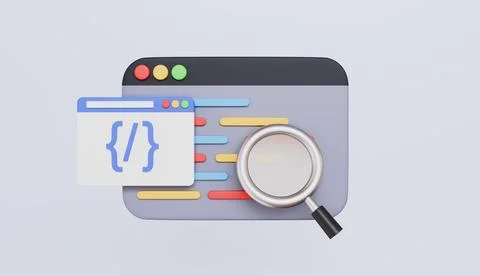 Browser with programming source code and magnifying glass, coding screen 库存插图