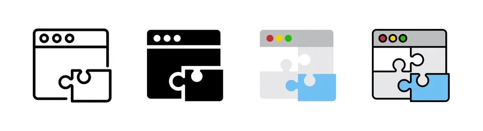 Browser puzzle icon set, plugin integration. Outlined editable stroke, flat.. Stock-Illustration