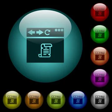 Browser running script icons in color illuminated glass buttons Illustrazione stock